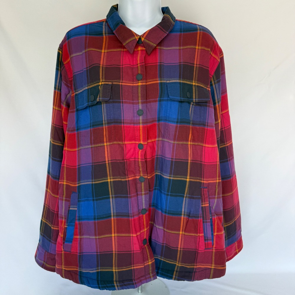 LL Bean Womens Fleece Lined Flannel Shirt Snap Front Bright Plaid Insulated 1X